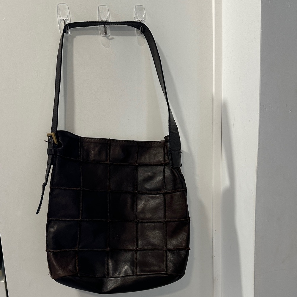 Johnny Farah vintage Women’s Chocolate Brown Leather Grid-Panel Shoulder Bag